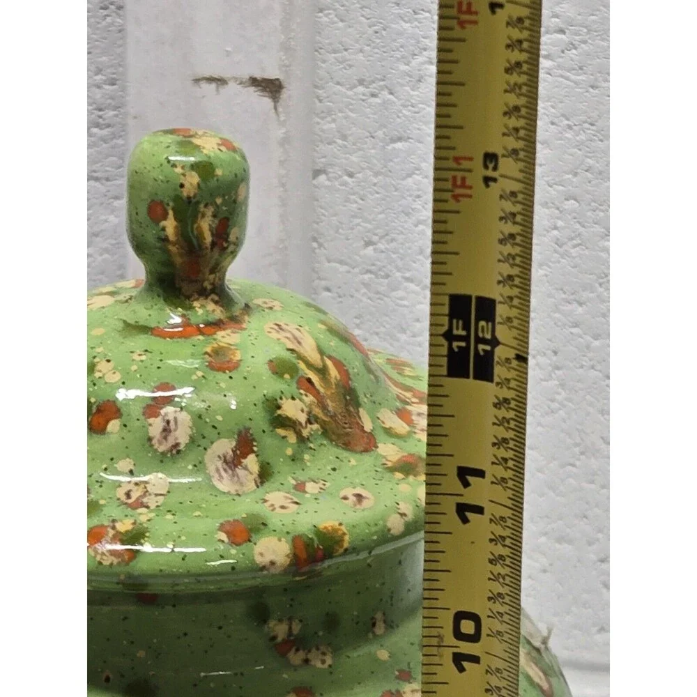 Apothecary Style Jar Lid Large Ceramic Container Green Splatter 70's Perfect